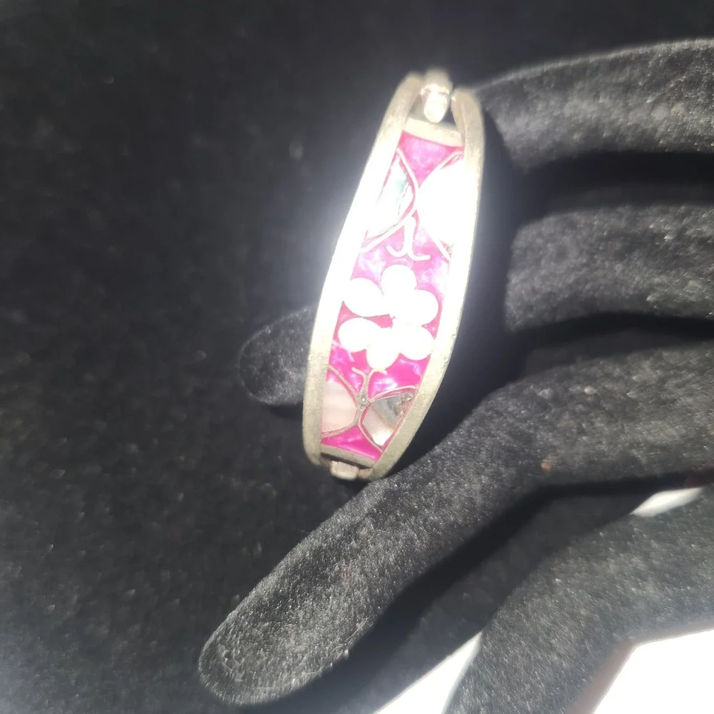Vintage Alpaca Mexico Pink Enamel Mother of Pearl Floral Butterfly Bangle kids